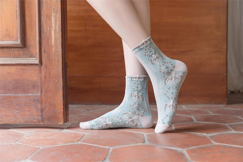 MarJunSep Cute Floral Crew Socks for Women Teen Girls Flower Cottagecore Frilly Vintage Fancy Cotton Socks - Image 2